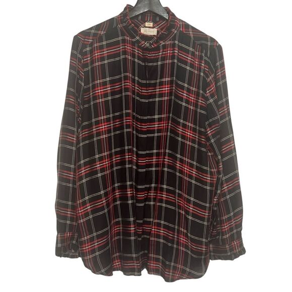 LOFT Softened Shirt Womens XL Plaid Ruffle Button Front Long Sleeve Black Red - Picture 1 of 6